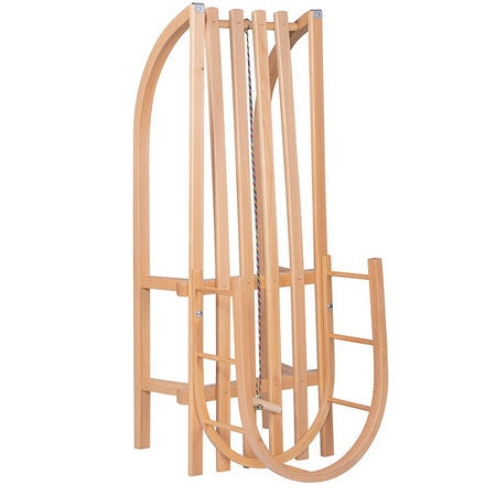 Sanki dla dzieci drewniane z oparciem i różowo-czarnym materacykiem