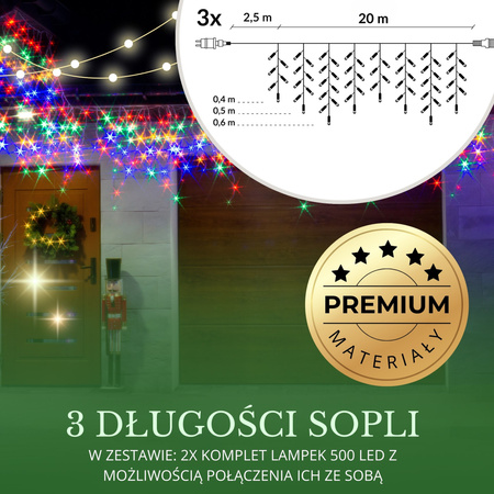 Kurtyna świetlna 1500 led girlanda, lampki wewnętrzno-zewnętrzne 67,5 m sople multikolor