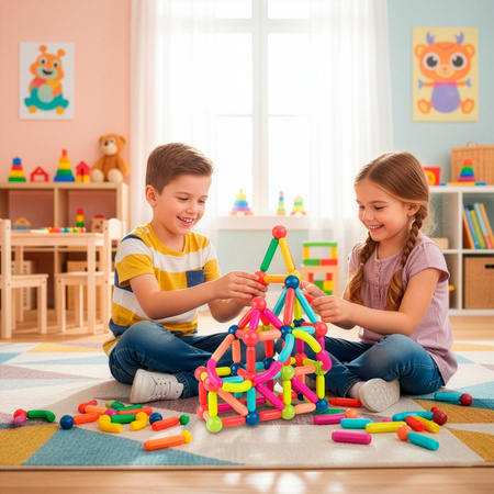 Klocki magnetyczne konstrukcyjne 3D komplet 128 szt. patyczki i kulki