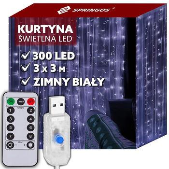 Kurtyna świetlna zimny biały 300 Led 3x3 m lampki wewnętrzne z programatorem USB