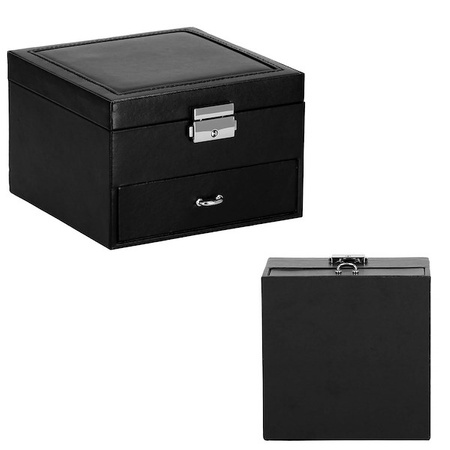 Kufer, szkatułka na biżuterię ekoskóra 16x16x11 cm czarny z szufladą i lusterkiem