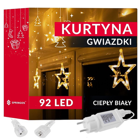 Kurtyna świetlna 92 led girlanda gwiazdki, lampki wewnętrzno-zewnętrzne sople ciepły biały