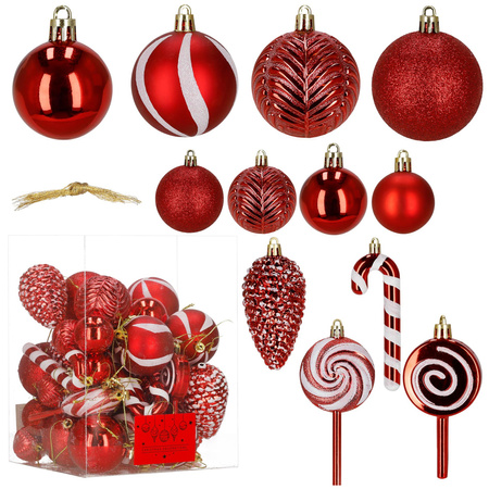 Bombki choinkowe 40 szt. okrągłe, lizaki, szyszki, laski cukrowe nietłukące ozdoby czerwone