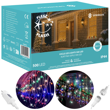 Kurtyna świetlna 500 led girlanda, lampki wewnętrzno-zewnętrzne sople multikolor z zimnym białym flash