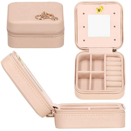 Kufer, szkatułka na biżuterię ekoskóra 10x10x5 cm różowy organizer z przegródkami