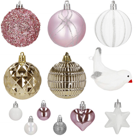 Bombki choinkowe 40 szt. ozdoby świąteczne różowe, białe