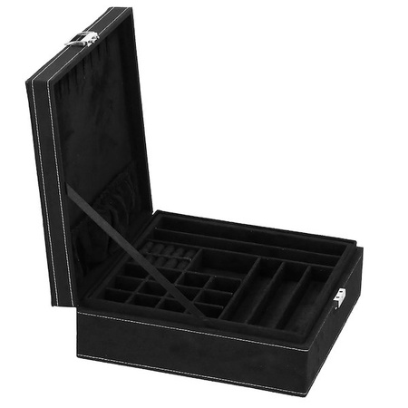 Kuferek, szkatułka na biżuterię 26x26x9 cm czarny, welurowy organizer z przegródkami