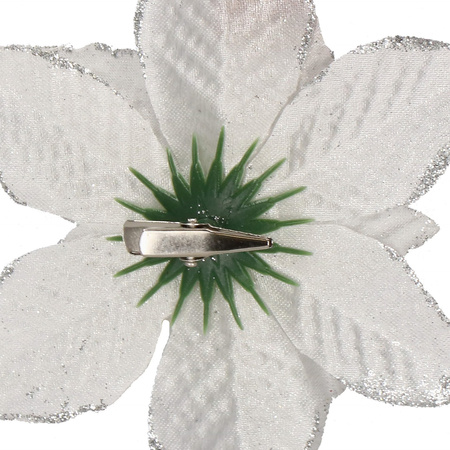 Gwiazda betlejemska 2 szt. sztuczny kwiat poinsecja srebrna z brokatem, na klipsie