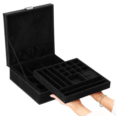 Kuferek, szkatułka na biżuterię 26x26x9 cm czarny, welurowy organizer z przegródkami