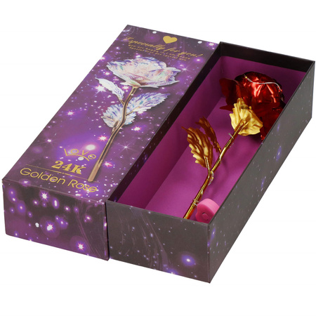 Wieczna róża 25 cm świecąca dekoracja LED sztuczny kwiat czerwony ze złotą łodygą