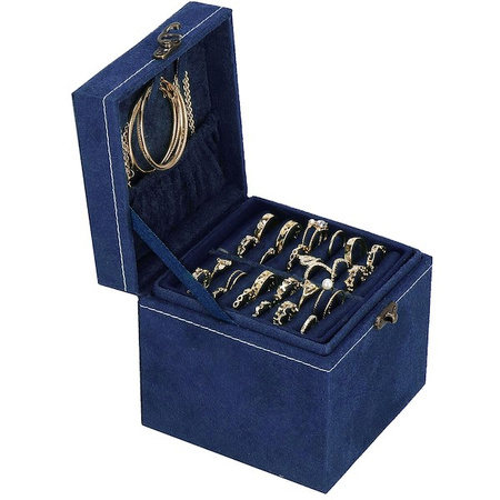 Kufer, szkatułka na biżuterię 12x12x12 cm granatowy z przegródkami welurowy