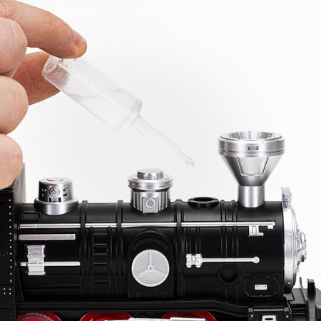 Pociąg parowy z wagonami, pilot do sterowania, tory, zabawka dla dzieci, lokomotywa z mgiełką, dźwiękiem