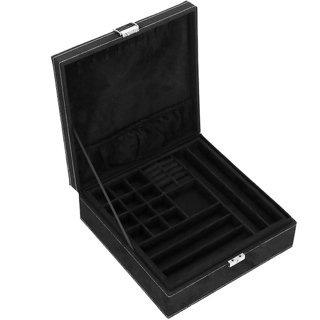 Kuferek, szkatułka na biżuterię 26x26x9 cm czarny, welurowy organizer z przegródkami