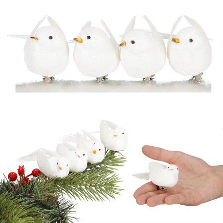 Zawieszki choinkowe 4 szt. ptaszki brokatowe białe