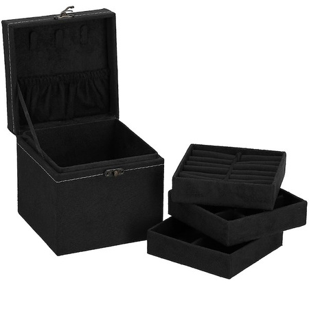 Kuferek, szkatułka na biżuterię 12x12x12 cm czarny z przegródkami welurowy
