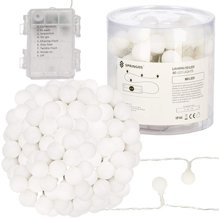 Lampki choinkowe 80 Led kuleczki biały ciepły z programatorem na baterie