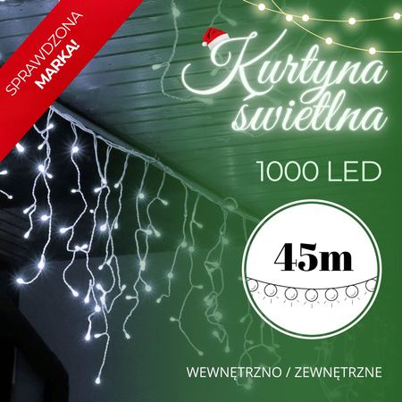 Kurtyna świetlna 1000 led girlanda, lampki wewnętrzno-zewnętrzne sople zimny biały