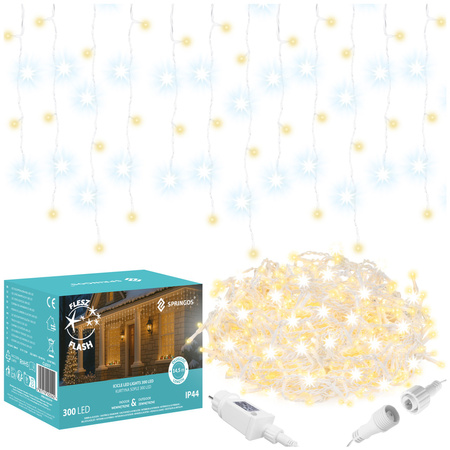 Kurtyna świetlna 300 led girlanda, lampki wewnętrzno-zewnętrzne sople ciepły biały z zimnym białym flash