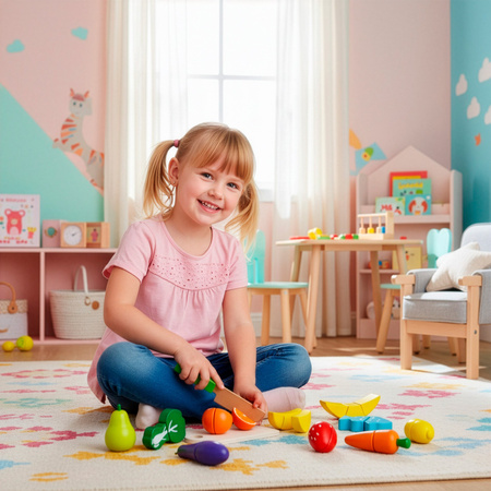 Drewniany zestaw: deska z nożykiem do krojenia, owoce, warzywa na rzepy 13 el. dla dzieci, kolorowe