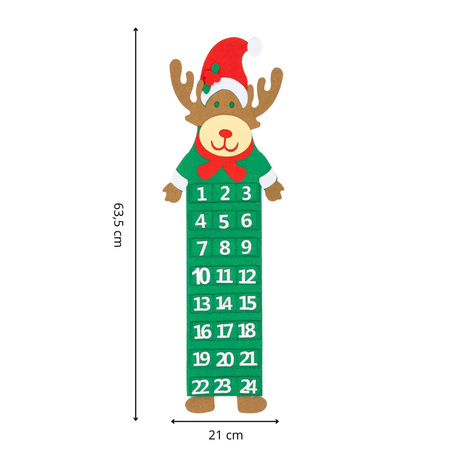 Kalendarz świąteczny, adwentowy na ścianę 63,5 cm Renifer filcowy, dekoracja multikolor