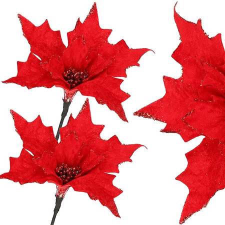Gwiazda betlejemska 2 szt. sztuczny kwiat, poinsecja czerwona z brokatem