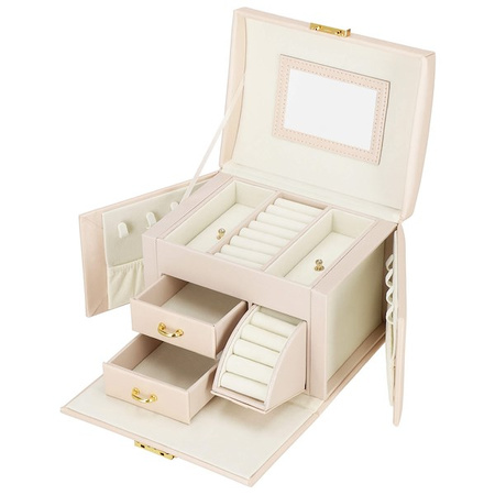 Kufer, szkatułka na biżuterię ekoskóra 17,5x12x13,5 cm jasny różowy z przegródkami