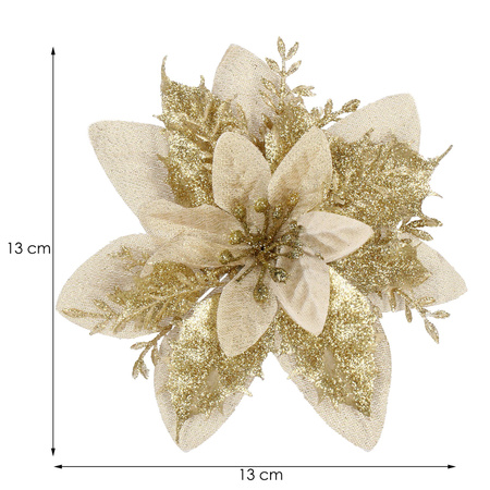 Gwiazda betlejemska 2 szt. sztuczny kwiat, poinsecja kremowo-złota z brokatem na klipsie