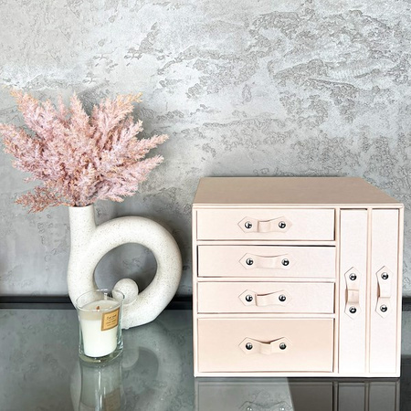 Kuferrek, Szkatułka na biżuterię ekoskóra 26x22x18 cm różowy z szufladami