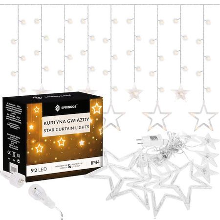 Kurtyna świetlna 92 led girlanda gwiazdki, lampki wewnętrzno-zewnętrzne sople ciepły biały