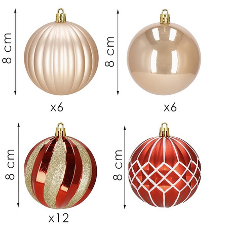 Bombki choinkowe 30 szt. ozdoby świąteczne zestaw 8cm czerwone, rose gold