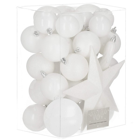 Bombki choinkowe 33 szt. ozdoby świąteczne zestaw z gwiazdą białe