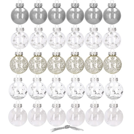 Bombki choinkowe przeźroczyste 30 szt. srebrny, złoty 6cm zestaw choinkowy