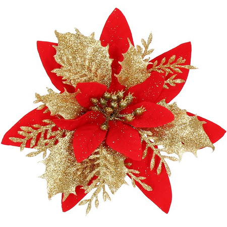 Gwiazda betlejemska 2 szt. sztuczny kwiat, poinsecja czerwono-złota z brokatem na klipsie