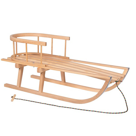 Sanki dla dzieci drewniane z oparciem i różowo-czarnym materacykiem