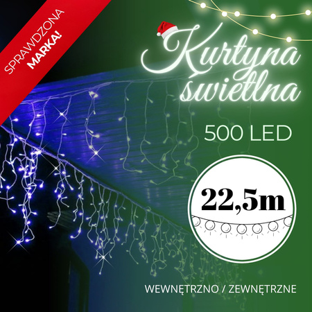 Kurtyna świetlna 500 led girlanda, lampki wewnętrzno-zewnętrzne sople niebieski z zimnym białym flash