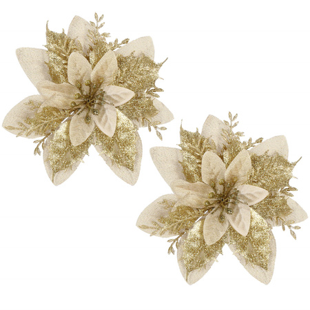 Gwiazda betlejemska 2 szt. sztuczny kwiat, poinsecja kremowo-złota z brokatem na klipsie
