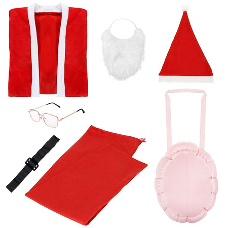 Strój świętego Mikołaja 7 elementowy z brzuchem czerwony kostium