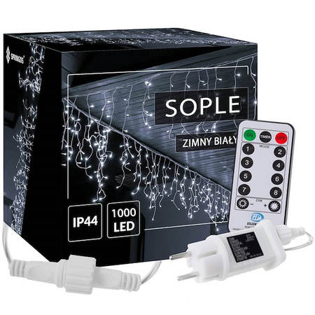 Kurtyna świetlna z pilotem 1000 led girlanda, lampki wewnętrzno-zewnętrzne sople zimny biały