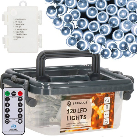 Lampki choinkowe 120 Led biały zimny z programatorem i pilotem na baterie