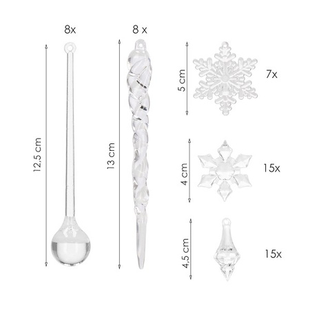 Zawieszka choinkowa 53 szt. akrylowa, świąteczna zawieszka sopel, śnieżynka, łezka przezroczysty