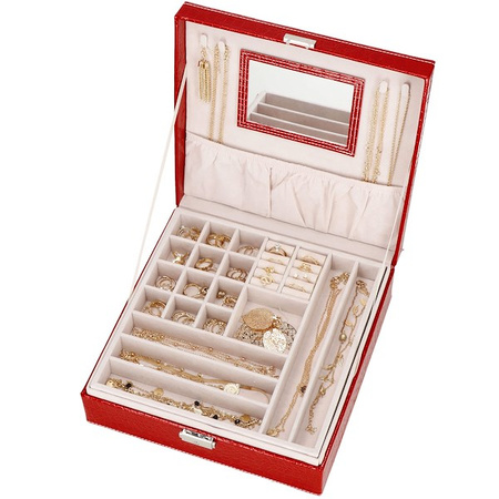 Kufer, szkatułka na biżuterię ekoskóra 26x26x8,5 cm czerwony z przegródkami