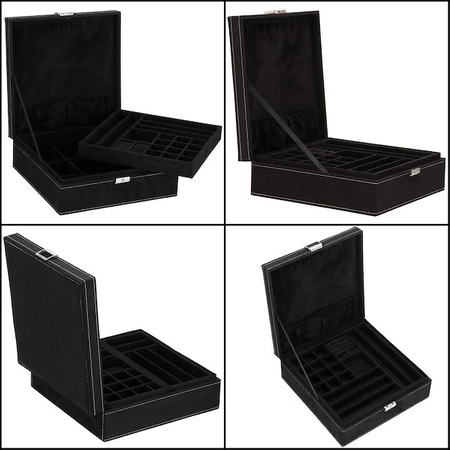 Kuferek, szkatułka na biżuterię 26x26x9 cm czarny, welurowy organizer z przegródkami