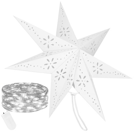 Gwiazda świąteczna papierowa biała i lampki choinkowe 10 led zimny biały