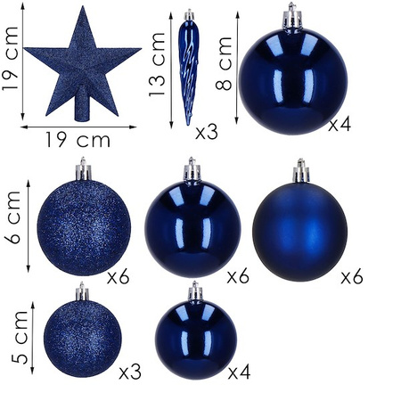 Bombki choinkowe 33 szt. ozdoby świąteczne zestaw z gwiazdą granatowe