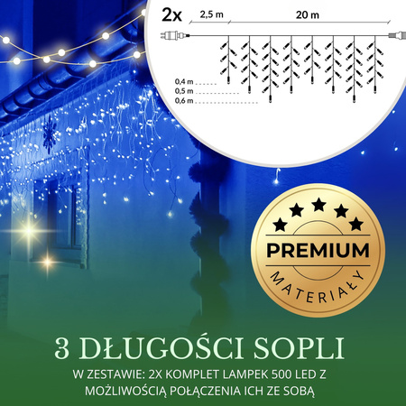 Kurtyna świetlna 1000 led girlanda, lampki wewnętrzno-zewnętrzne sople niebieski