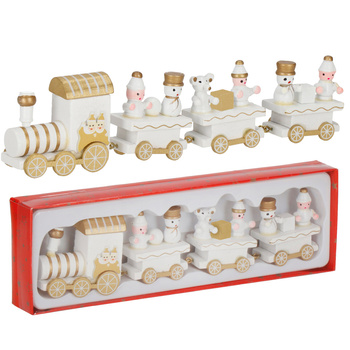 Drewniana ciuchcia, pociąg z wagonikami, ozdoba na święta, aranżacja wnętrz biało-złota