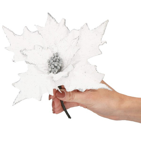 Gwiazda betlejemska 2 szt. sztuczny kwiat, poinsecja biała z brokatem