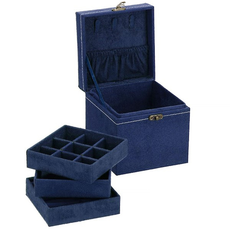 Kufer, szkatułka na biżuterię 12x12x12 cm granatowy z przegródkami welurowy