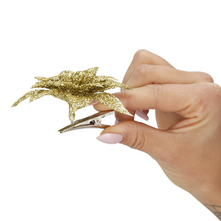 Gwiazda betlejemska 2 szt. sztuczny kwiat, poinsecja złota z brokatem na klipsie