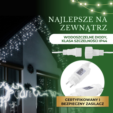 Kurtyna świetlna 14,5 m girlanda, lampki wewnętrzno-zewnętrzne 300 led sople zimny biały z flash